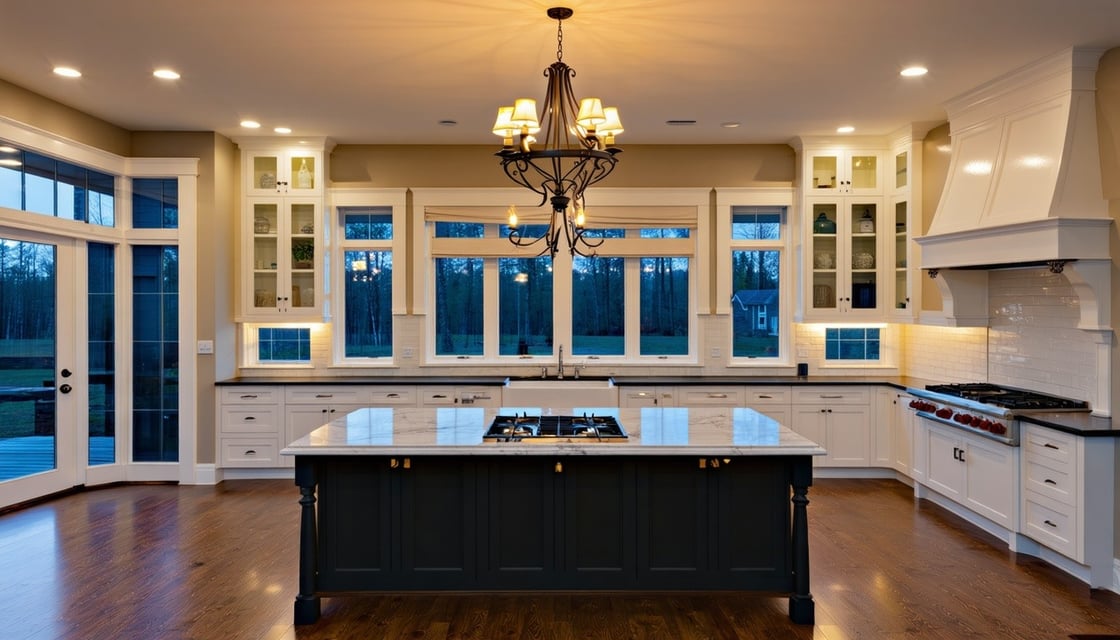 A wideangle shot of a large home kitchen There is soft lighting from a decorative yet functional chandelier and under cabinet sources There is plenty of storage a gas stove with decorative vent hood and a farm style sink It is dusk as seen through th